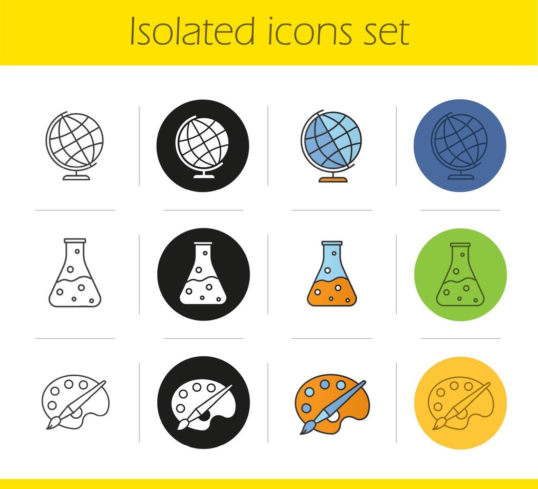 conjunto de iconos de educación. Estilos lineales, negros y de color. geografía, química, símbolos artísticos. reacción química, paleta con pincel, globo. ilustraciones vectoriales aisladas vector