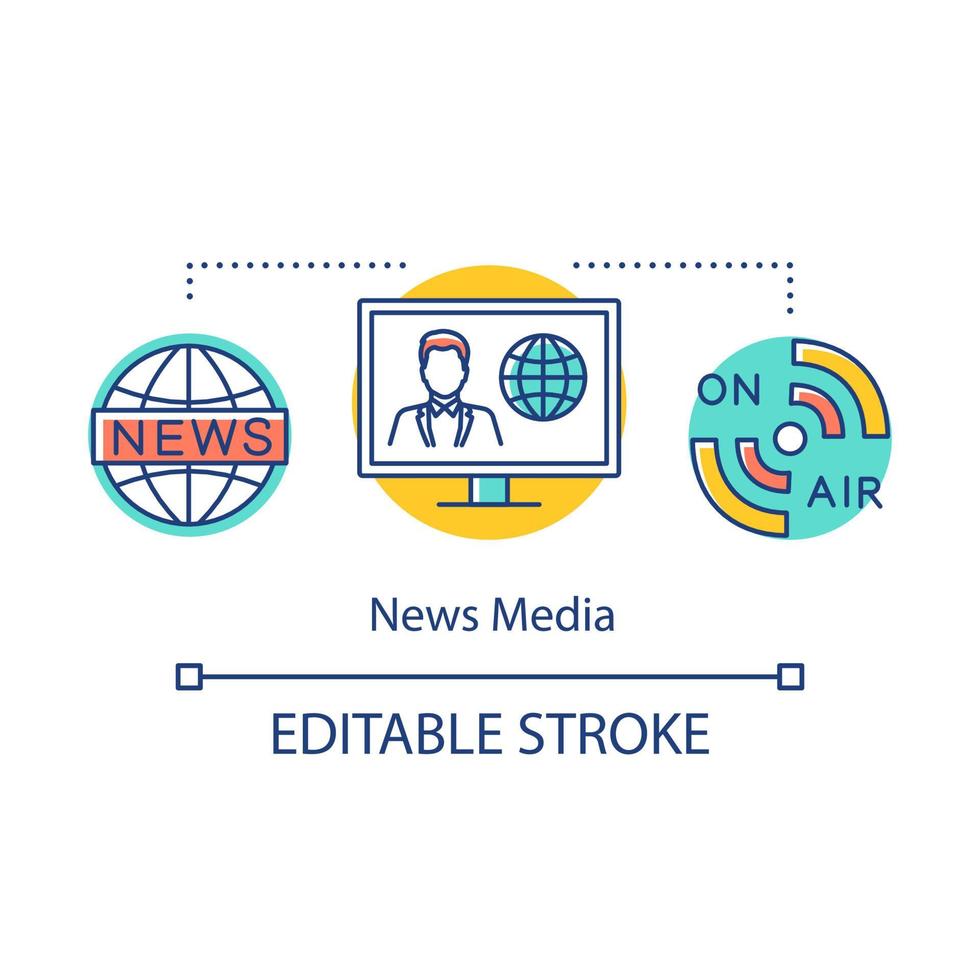 News media concept icon. Information agency. Live broadcast. Coverage of world events. Newscast. Broadcasting message idea thin line illustration. Vector isolated outline drawing. Editable stroke
