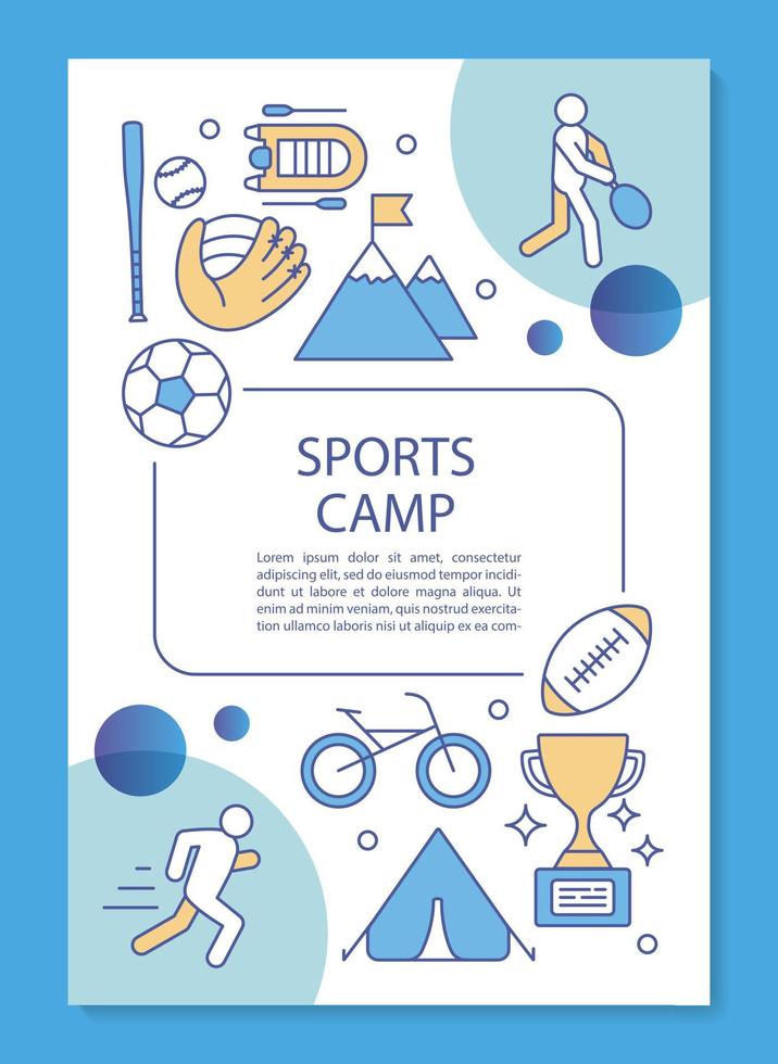 Campamento deportivo, diseño de plantilla de folleto de entrenamiento de competencia. folleto, folleto, diseño de impresión de folletos con ilustraciones lineales. diseños de páginas vectoriales para revistas, informes anuales, carteles publicitarios vector