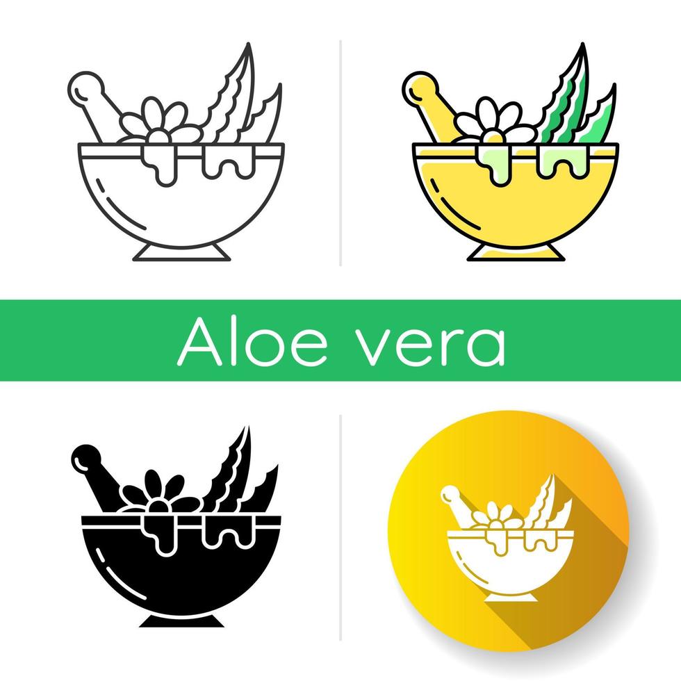 mortero con icono de maja. granulado de hojas para líquido. brotes de aloe vera. plantas en un tazón. hierbas y flores medicinales. mezcla fresca orgánica. Estilos lineales de color negro y rgb. ilustraciones vectoriales aisladas vector