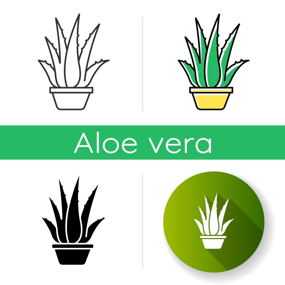 Houseplant icon. Potted aloe vera. Cactus and succulent leaves. Growing medicinal herb. Decorative plant. Cultivation, vegetation. Linear black and RGB color styles. Isolated vector illustrations