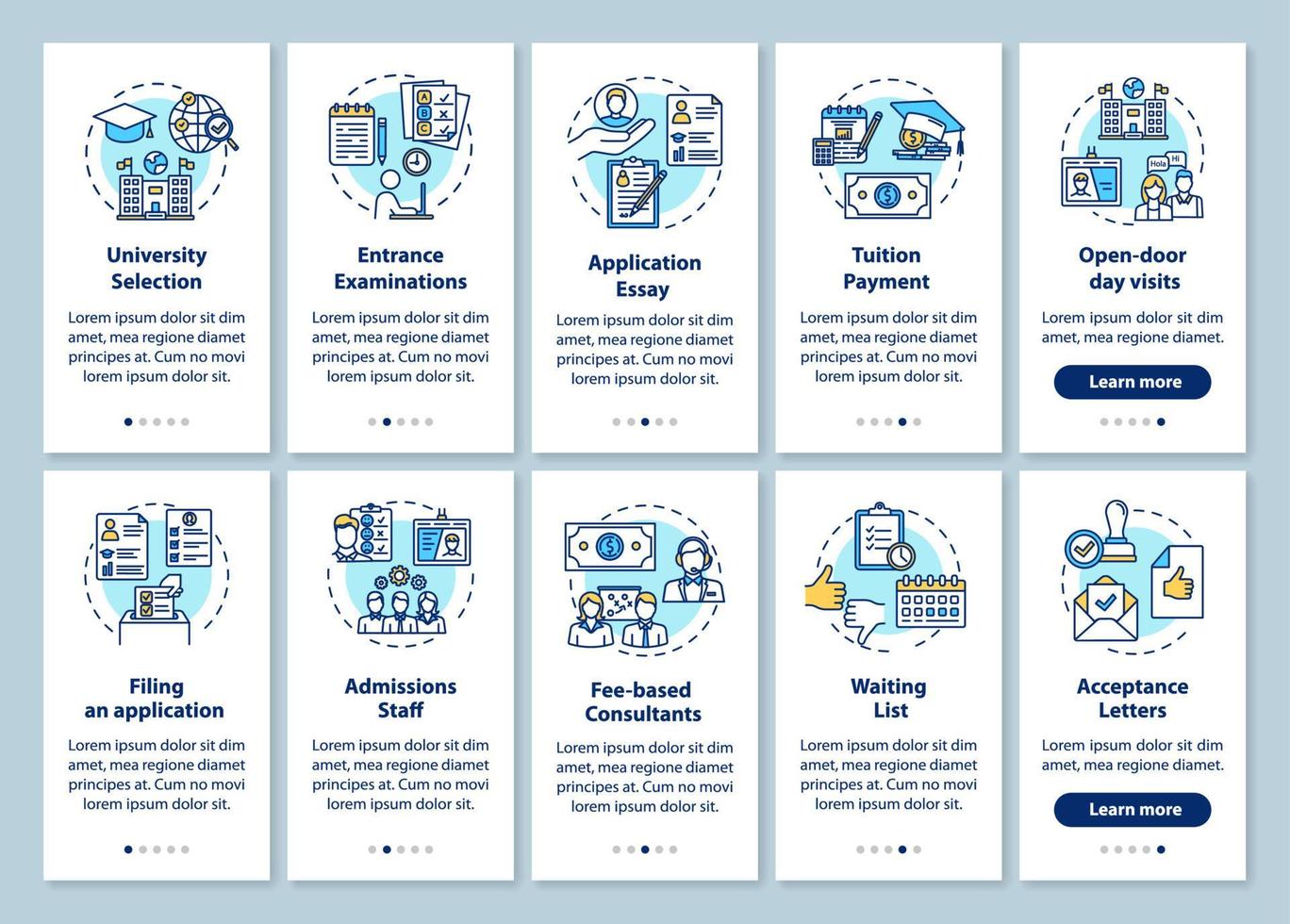 University entrance onboarding mobile app page screen with linear concepts. Open-door visit. Exam, essay. Five walkthrough steps graphic instructions. UX, UI, GUI vector template with illustrations