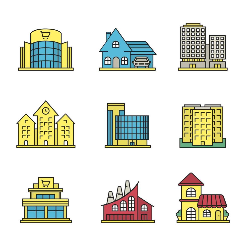 City buildings color icons set. Shopping malls, business centers, cottage, town hall, industrial factory, restaurant, multi-storey building. Isolated vector illustrations