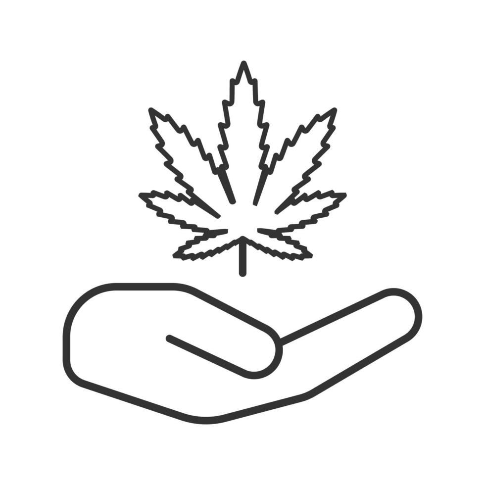 Open hand with marijuana leaf linear icon. Thin line illustration. Cannabis legalization. Contour symbol. Vector isolated outline drawing