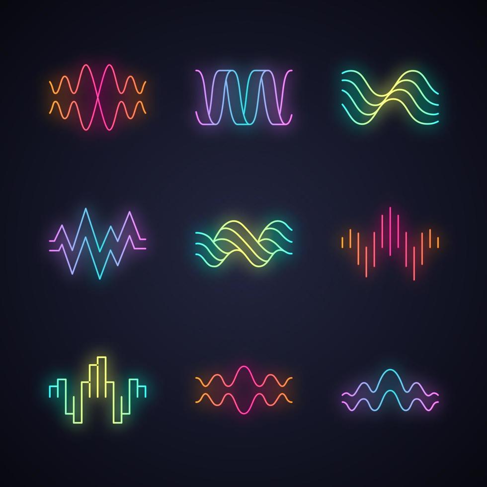 Sound waves neon light icons set. Glowing signs. Music rhythm, heart pulse. Audio waves, radio signals logotype. Digital waveforms, abstract soundwaves, amplitude. Vector isolated illustrations