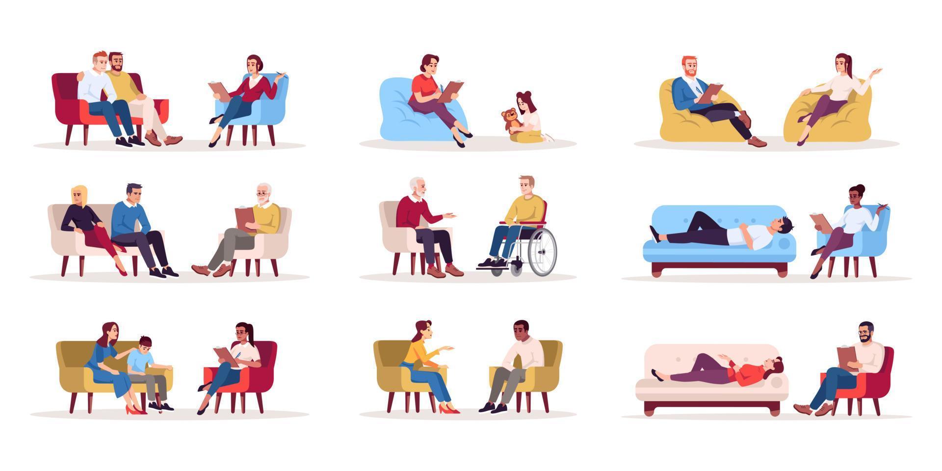 Psychology consultation flat vector illustrations set. Psychotherapy session. Talk therapy. Psychoanalysis. Couple, family issues. Marriage counseling. Isolated cartoon characters kit