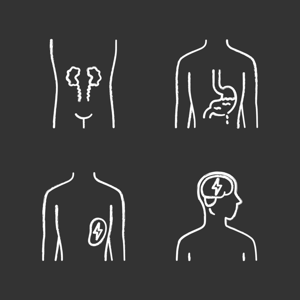 Ill human organs chalk icons set. Sore kidneys and spleen. Aching stomach. Unhealthy brain. Sick internal body parts. Isolated vector chalkboard illustrations