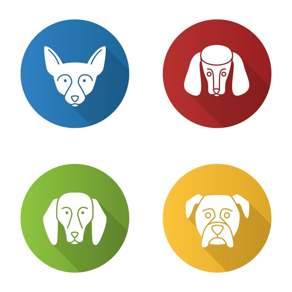 perros razas diseño plano larga sombra glifo conjunto de iconos vector