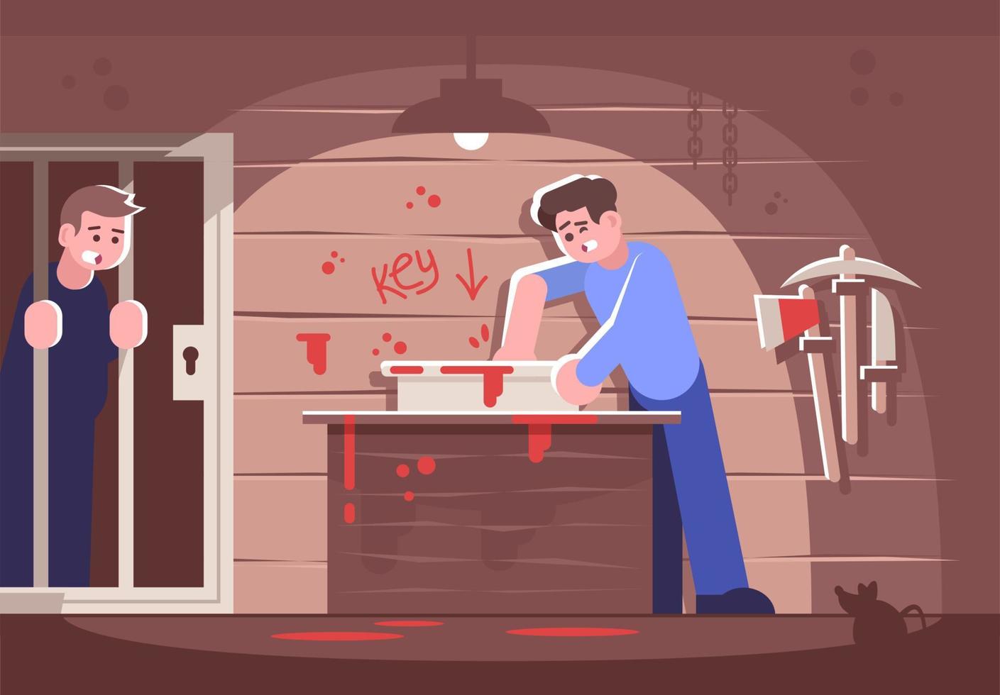 Friends in bloody escape room flat vector illustration. Men investigating crime, boy saving friend cartoon characters. People in horror themed quest room solving mystery, murder. Survival game