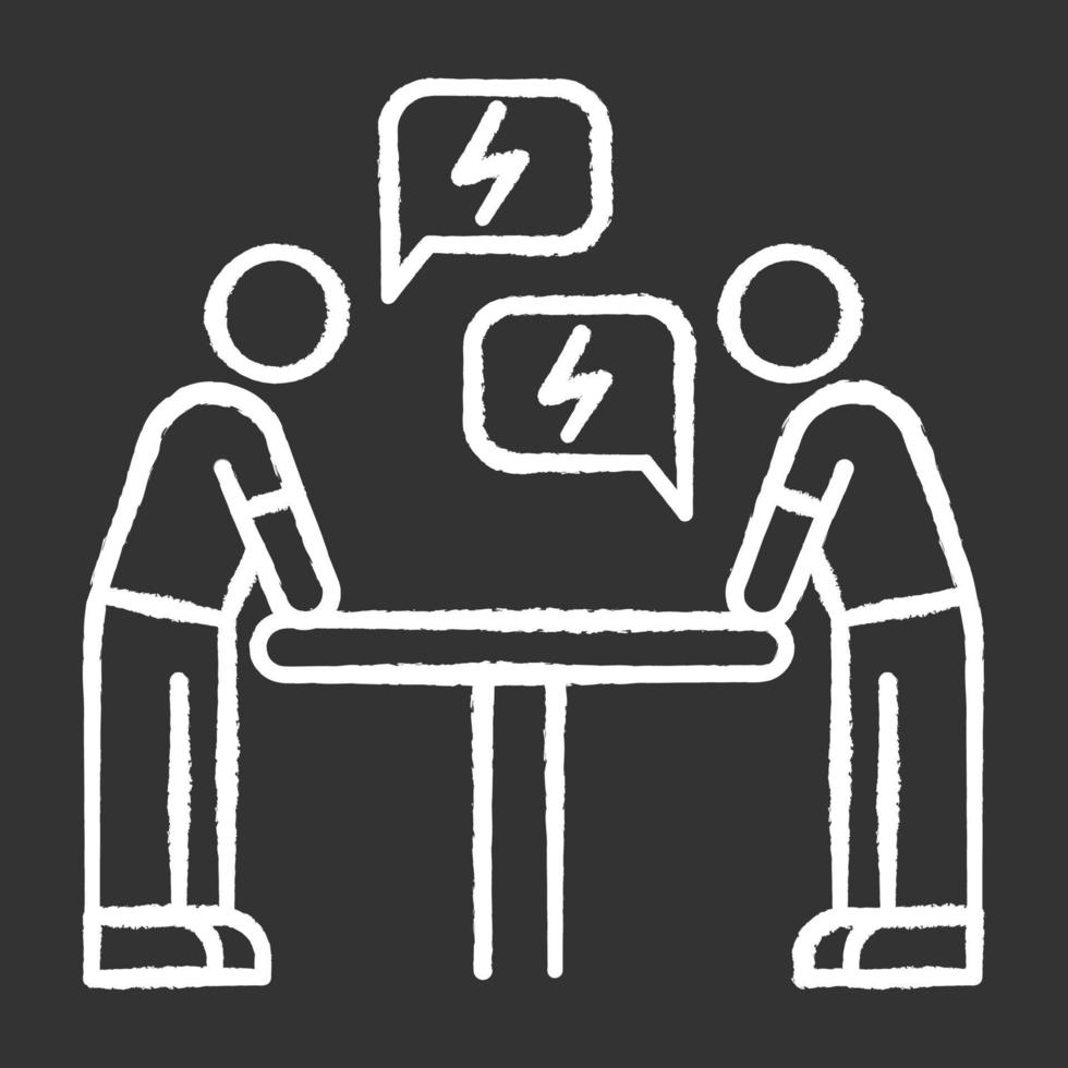 Negotiation chalk white icon on black background. Dialogue between parties. Argument. Opposing interests. Conflict. Dispute. Lawsuit. Rivals, adversaries. Isolated vector chalkboard illustration
