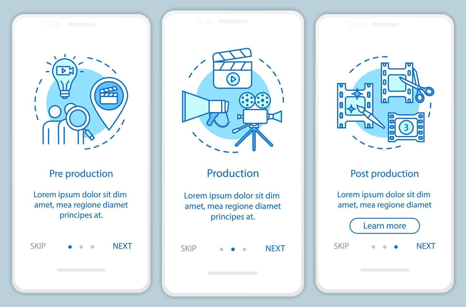 Video production onboarding mobile app page screen vector template