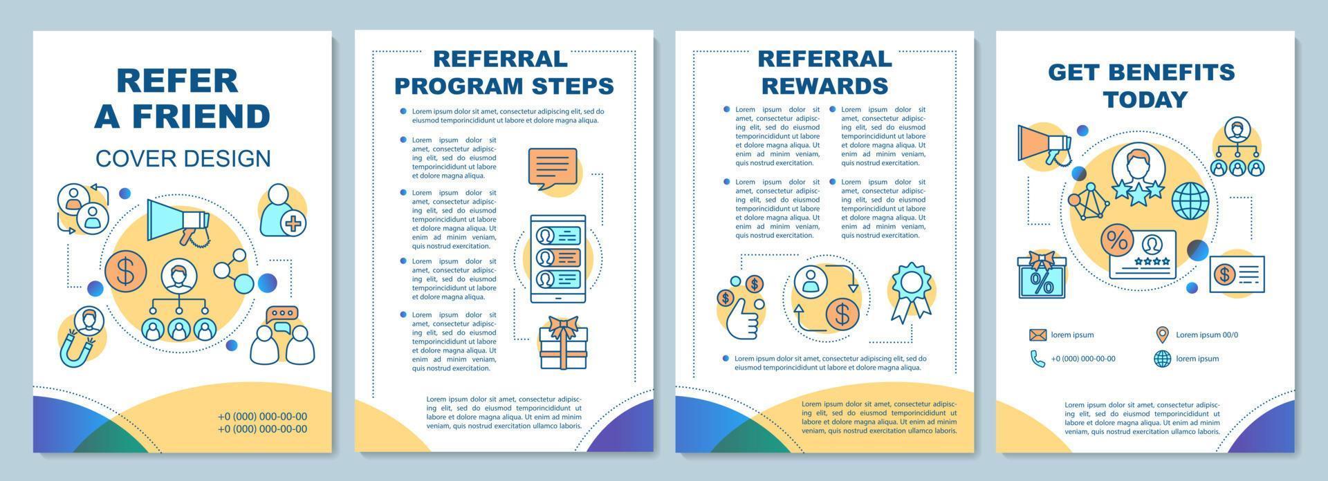 Refer a friend cover design brochure template layout. Flyer, booklet, leaflet print design with linear illustrations. Vector page layouts for magazines, annual reports, advertising posters
