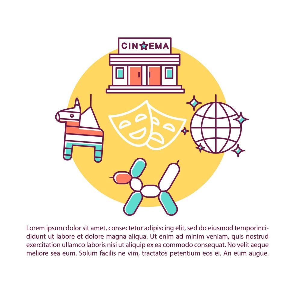 Plantilla de vector de página de artículo de la industria del entretenimiento. Mostrar negocio. folleto, revista, elemento de diseño de folleto con iconos lineales y cuadros de texto. diseño de impresión. ilustraciones de concepto con espacio de texto