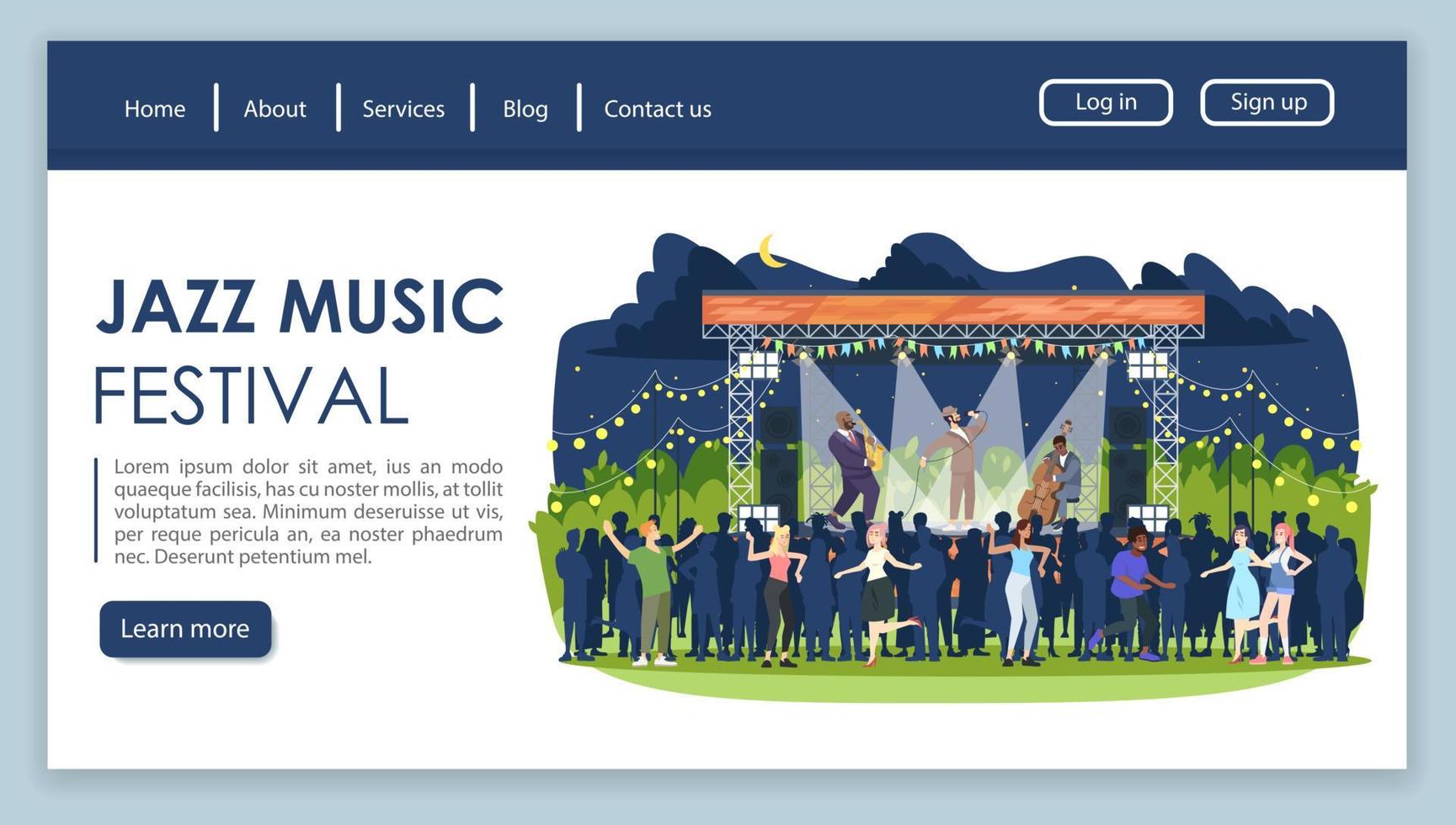 Jazz music festival landing page vector template. Night retro party website interface idea with flat illustrations. Rockabilly fest homepage layout. Night scene web banner, webpage cartoon concept