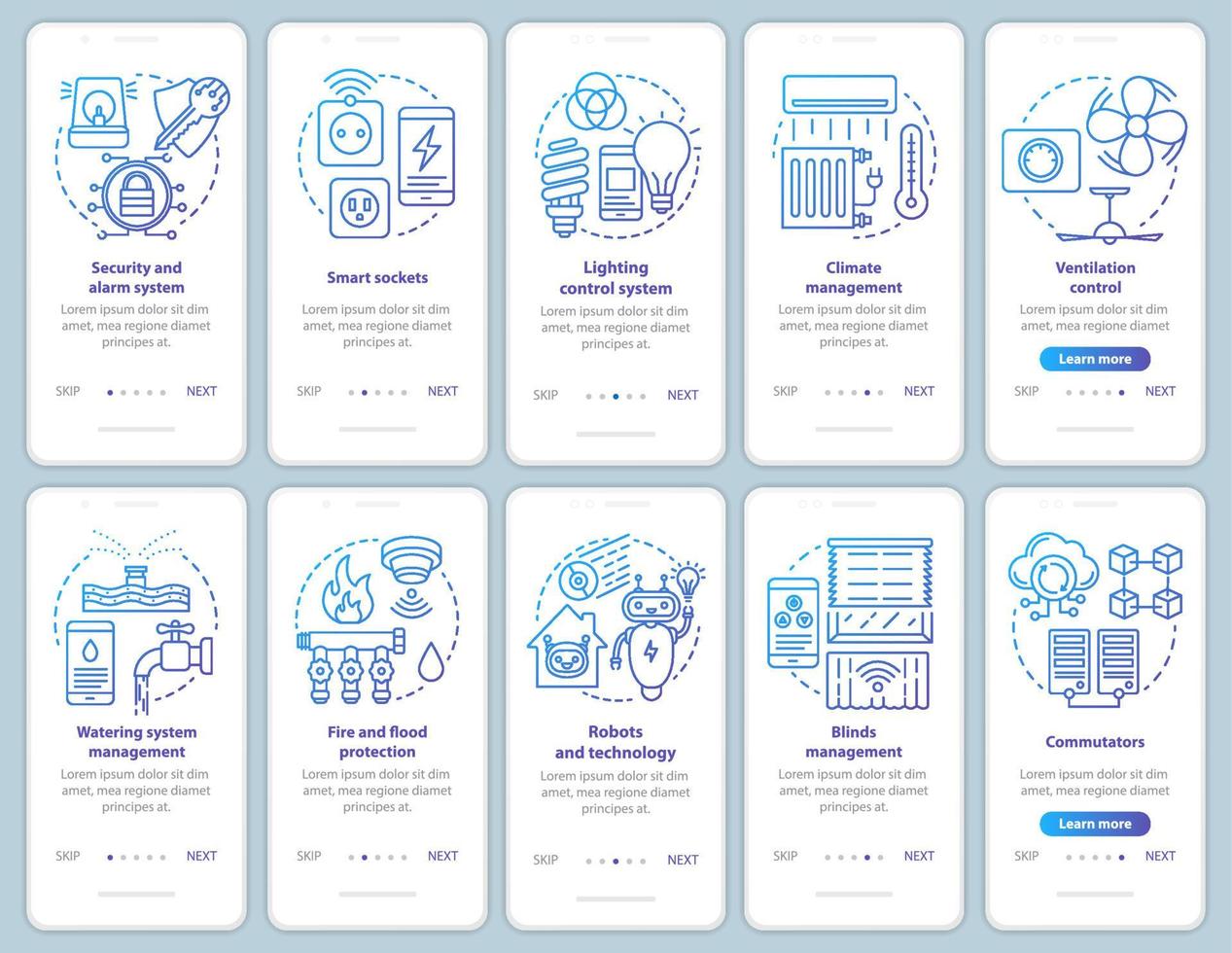 Smart house onboarding mobile app page screen vector template set. Modern home automation systems. Walkthrough website steps with linear illustrations. UX, UI, GUI smartphone interface concept