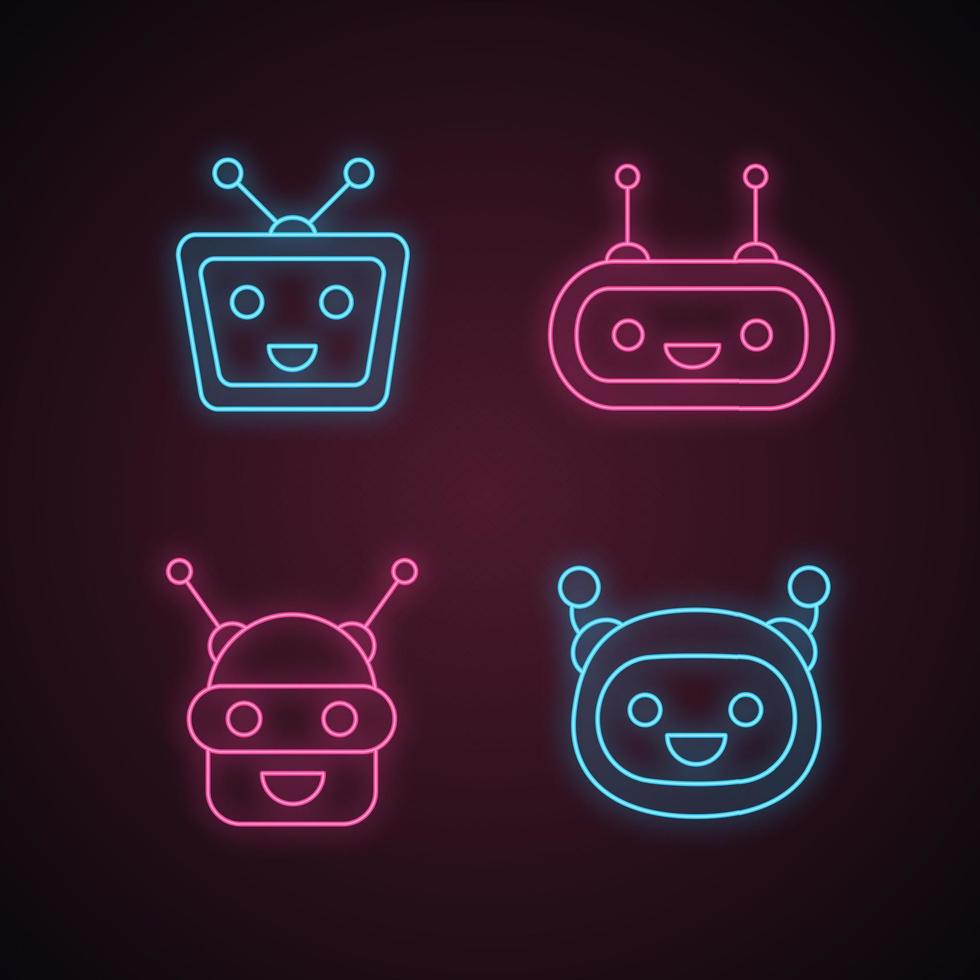 Chatbots neon light icons set vector