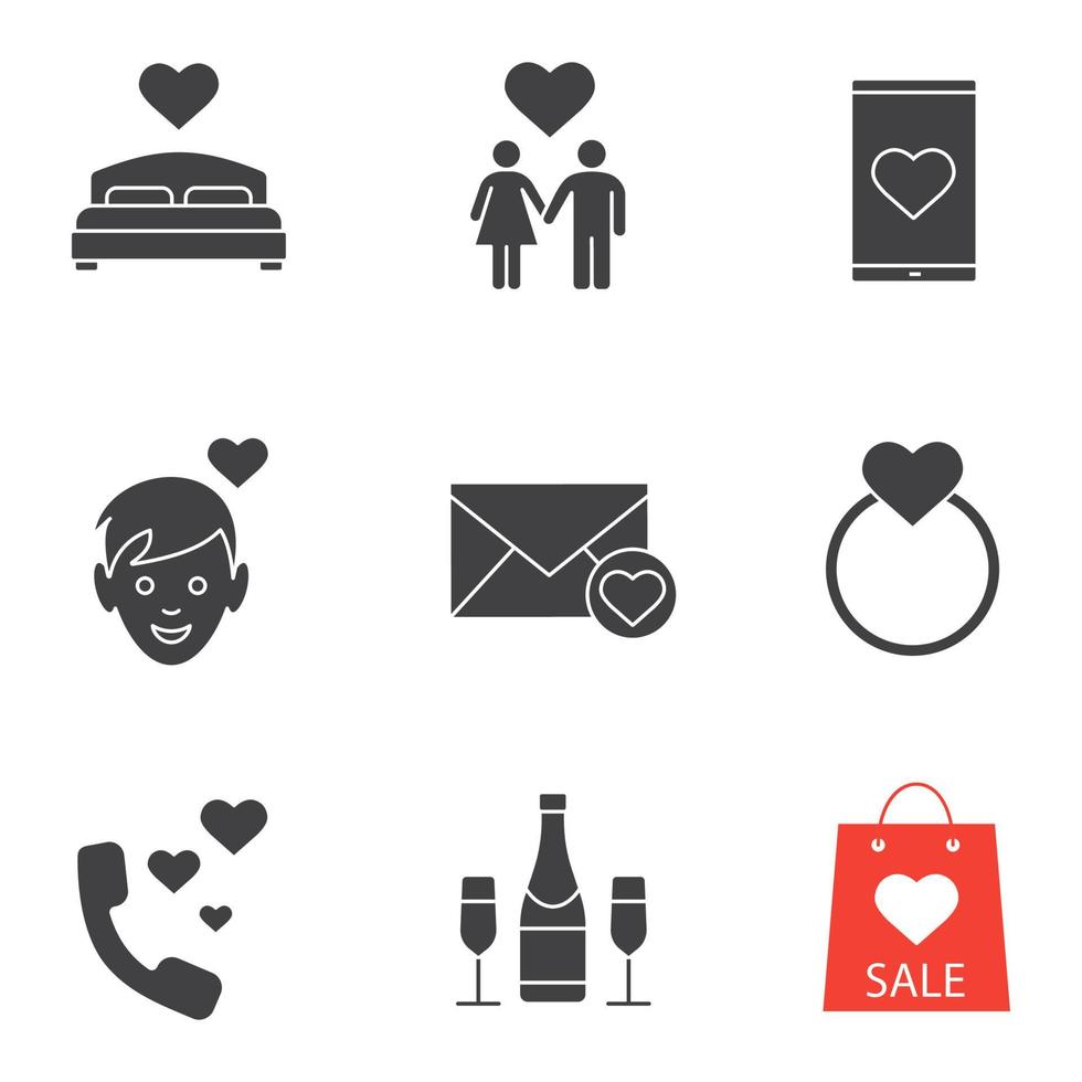 Valentine's Day icons set. February 14 silhouette symbols. Lover's bed, couple, smartphone dating app, boy in love, ring, phone sex, Valentine's Day sale, love mail. Vector isolated illustration