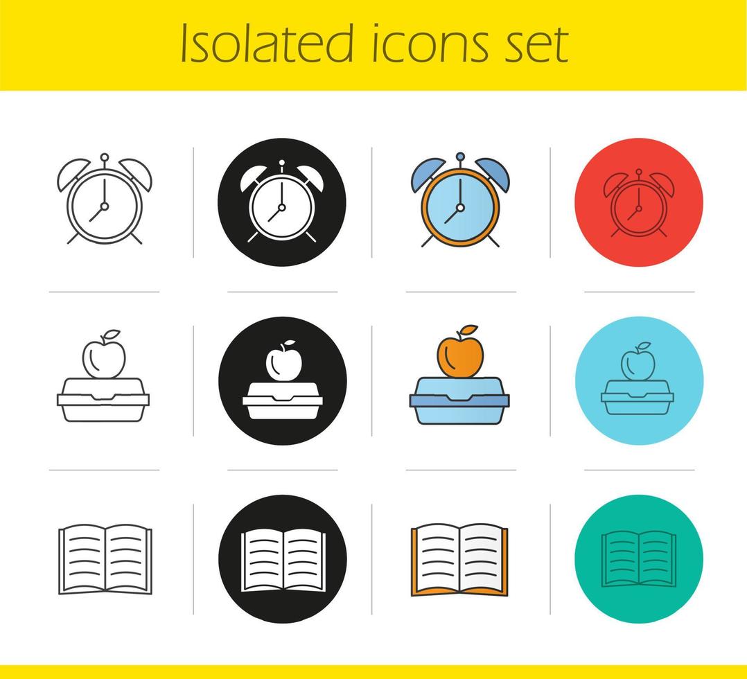 School and education icons set. Linear, black and color styles. Alarm clock, lunch box, open book. Isolated vector illustrations
