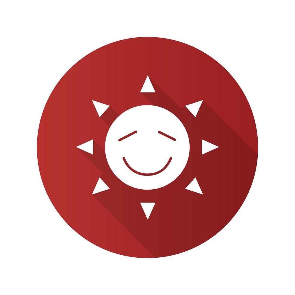 Happy sun smile flat design long shadow glyph icon. Good mood. Summertime. Vector silhouette illustration