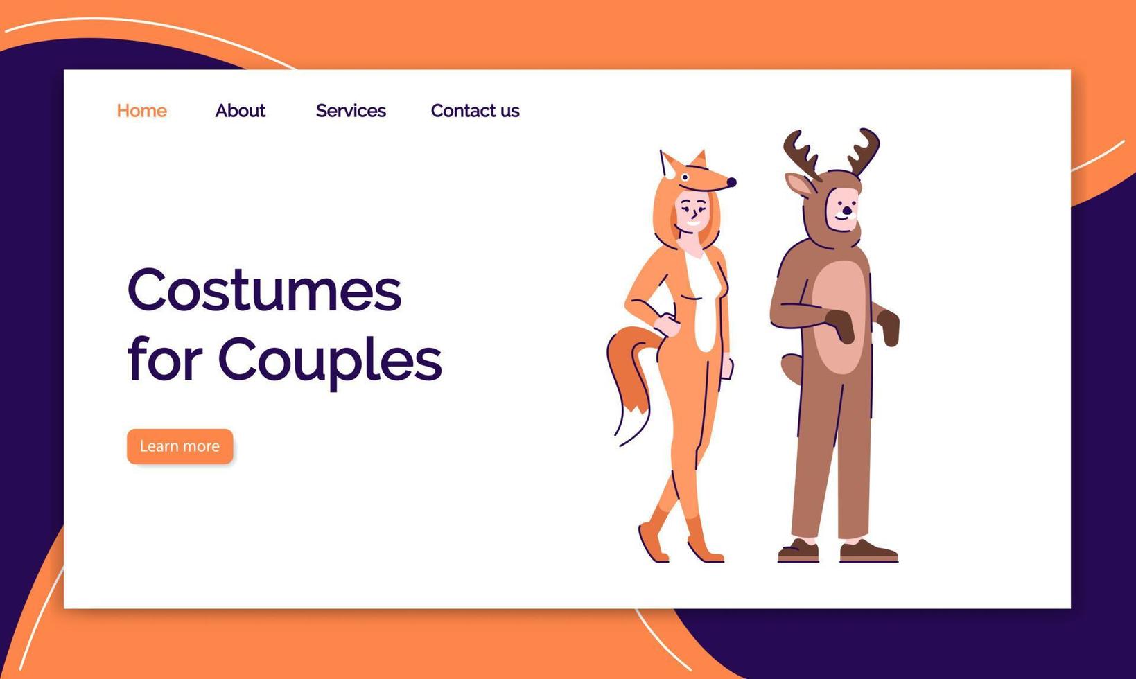 Costumes for couples landing page vector template. Holiday clothing website interface idea, flat illustrations. Animal costumes homepage layout. Fox and deer suits web banner, webpage cartoon concept