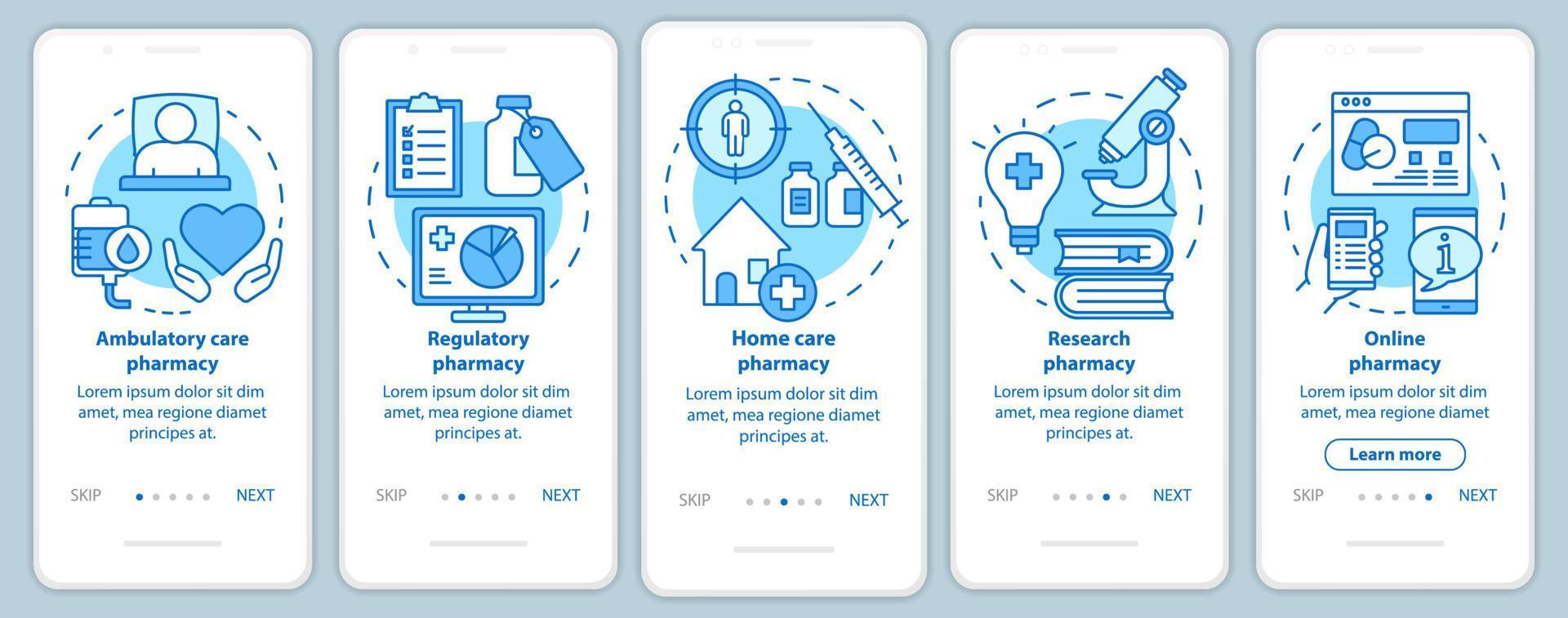 Ambulatory and home care pharmacy onboarding mobile app page screen with linear concepts. Drug research. Five walkthrough steps graphic instructions. UX, UI, GUI vector template with illustrations