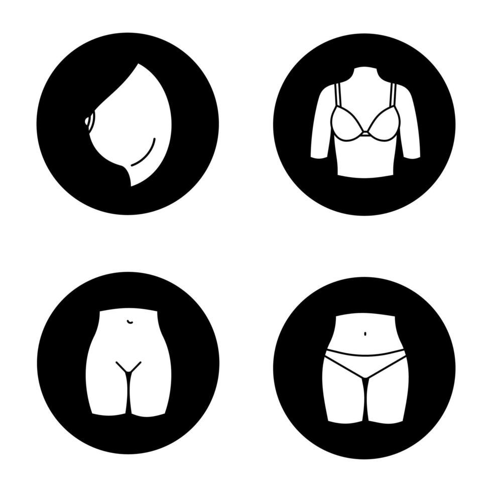 Conjunto de iconos de glifo de partes del cuerpo femenino. pecho y zona del bikini de la mujer. ilustraciones de siluetas blancas vectoriales en círculos negros vector