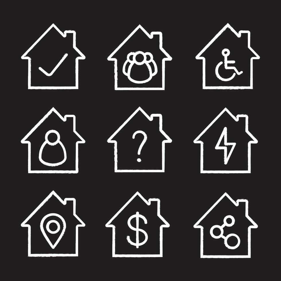 Houses chalk icons set. Home buildings with tick and question mark, people, wheelchair, lightning, map pinpoint, dollar sign, network connection. Isolated vector chalkboard illustrations