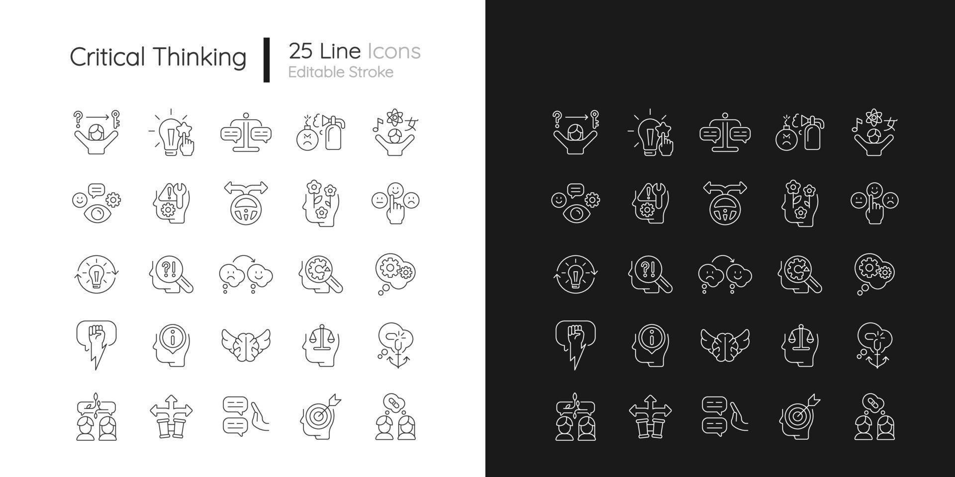 Critical thinking linear icons set for dark and light mode vector