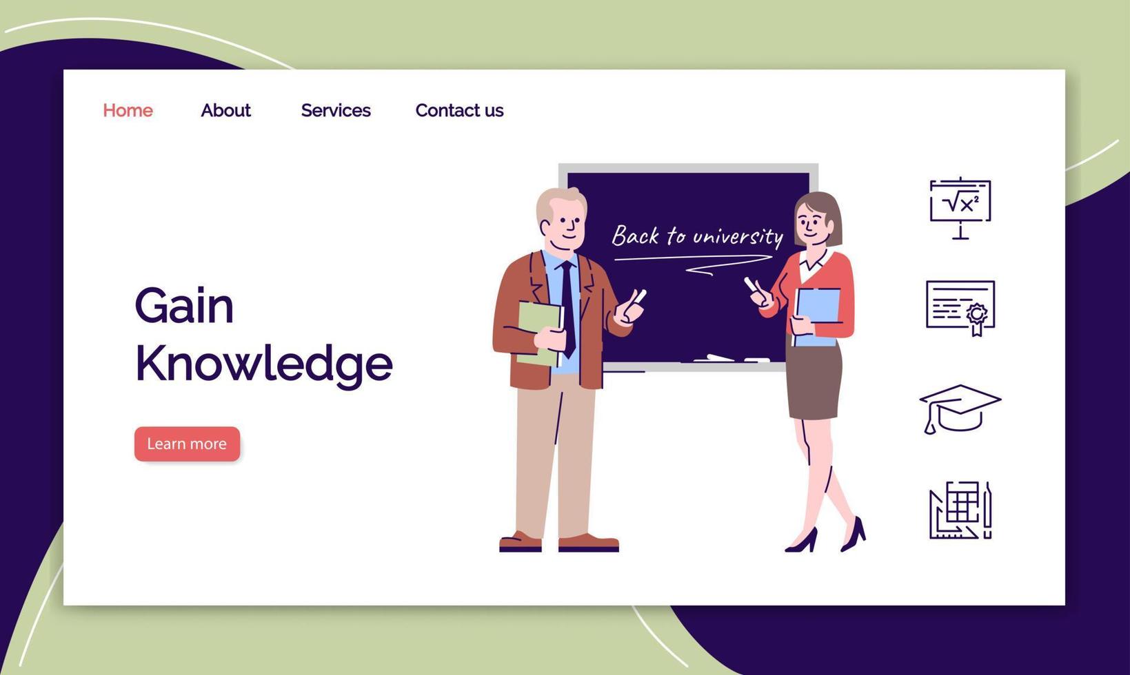 Gain knowledge landing page vector template. University lecturers and professors website interface with flat illustrations. Educational industry homepage layout. Web banner, webpage cartoon concept