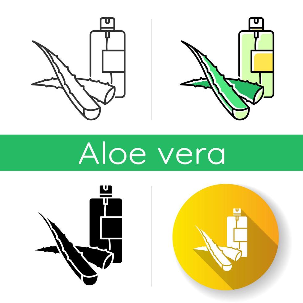 Aloe vera emergency spray icon. Cosmetic product in aerosol. Natural essence. Plant based serum. Medicinal liquid with herbs. Linear black and RGB color styles. Isolated vector illustrations