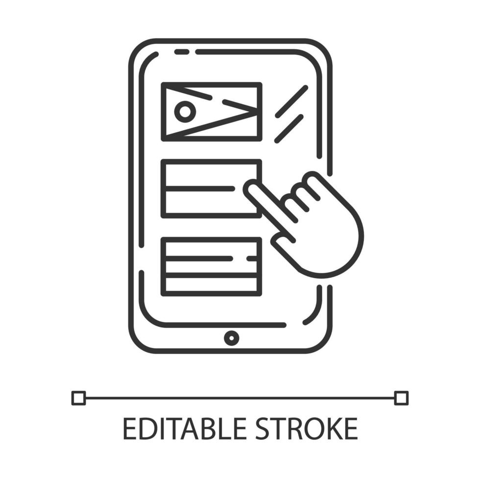 Language translation service linear icon. Online multilingual dictionary. Smartphone, tablet translator app. Thin line illustration. Contour symbol. Vector isolated outline drawing. Editable stroke