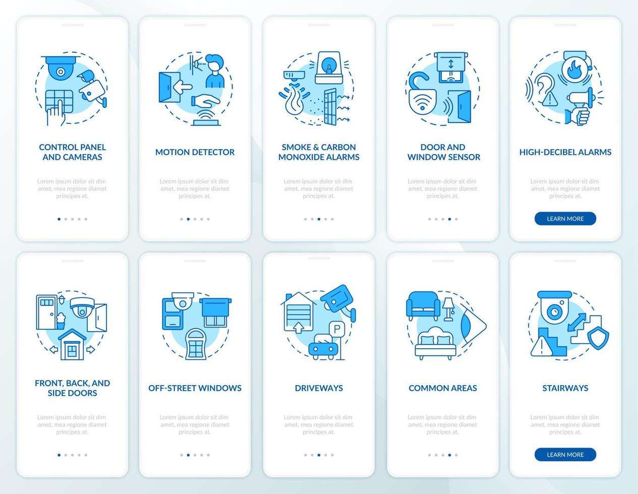 Property security blue onboarding mobile app page screen set vector