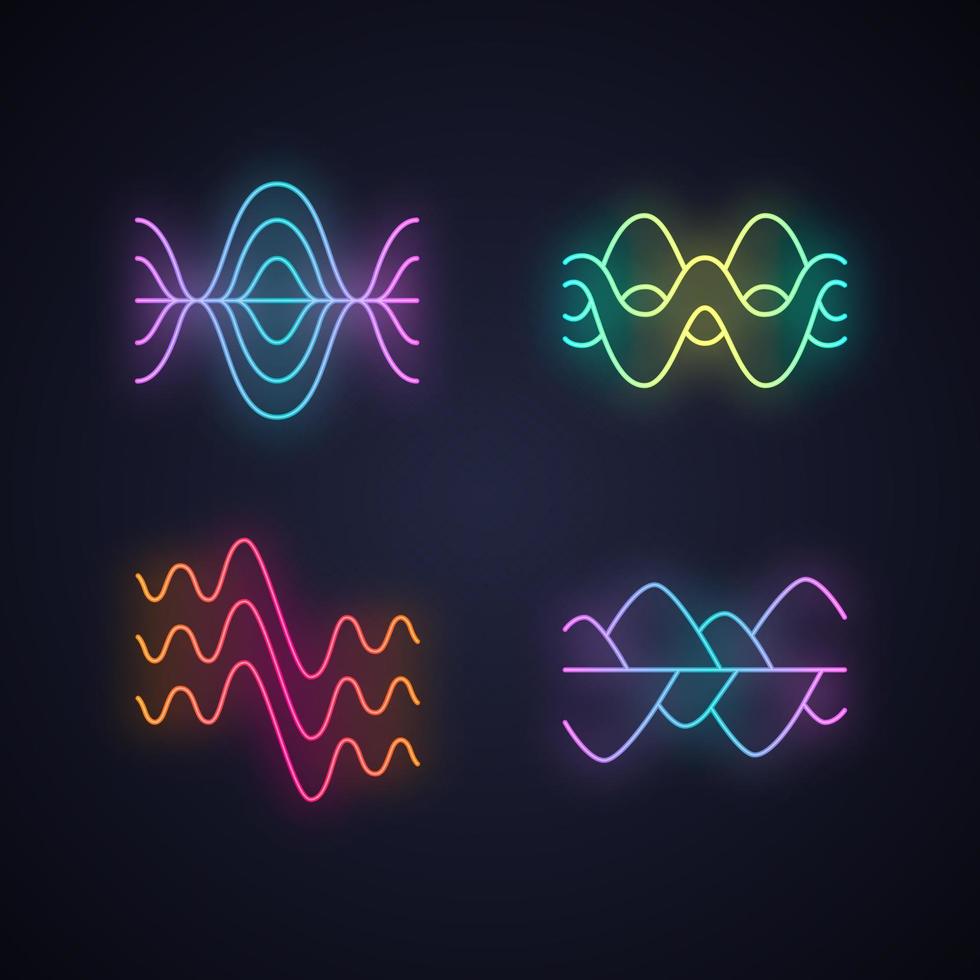 Conjunto de iconos de luz de neón de ondas sonoras. signos brillantes. vibración, amplitud de ruido, niveles. ondas sonoras, forma de onda digital. audio, música, frecuencia de ritmo de melodía. ilustraciones vectoriales aisladas vector
