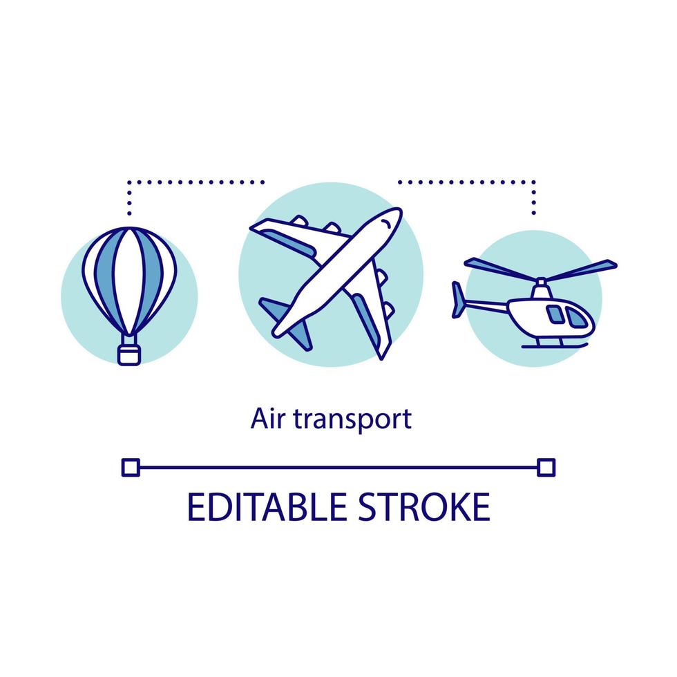 Air transport concept icon. Long-distance flights idea thin line illustration. Airplane, helicopter, hot air balloon. Transportation, air carriers. Vector isolated outline drawing. Editable stroke