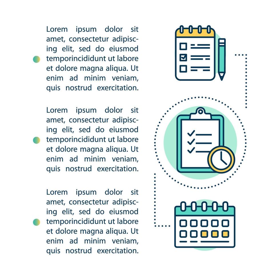 Studying schedule concept icon with text. Project deadline. Planning assignment. Research. Article page vector template. Brochure, magazine, booklet design element with linear illustrations