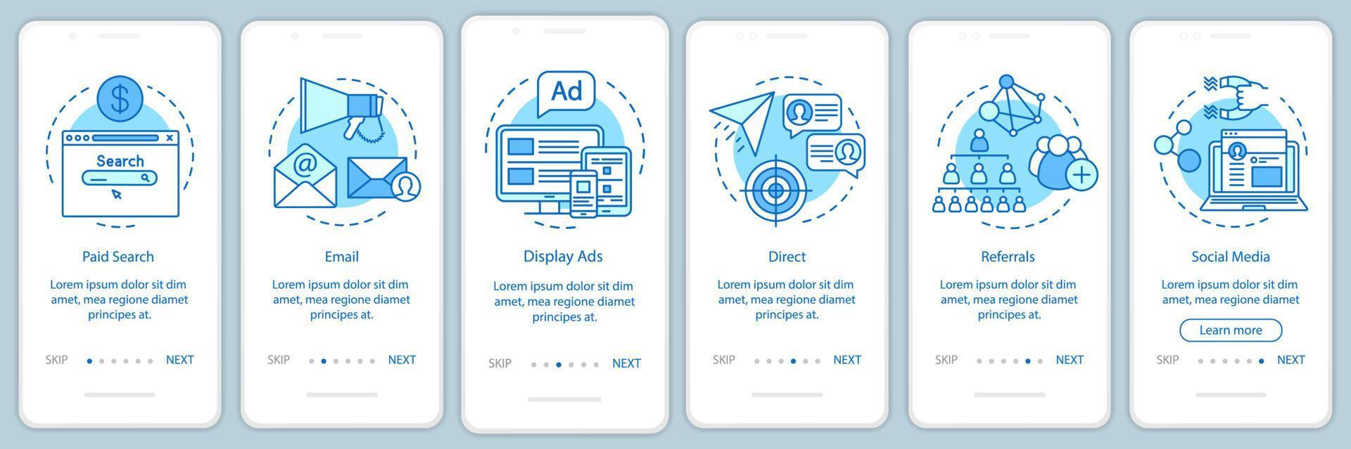Marketing channels blue onboarding mobile app page screen vector template. Ways of customer attraction walkthrough website steps with linear illustrations. UX, UI, GUI smartphone interface concept