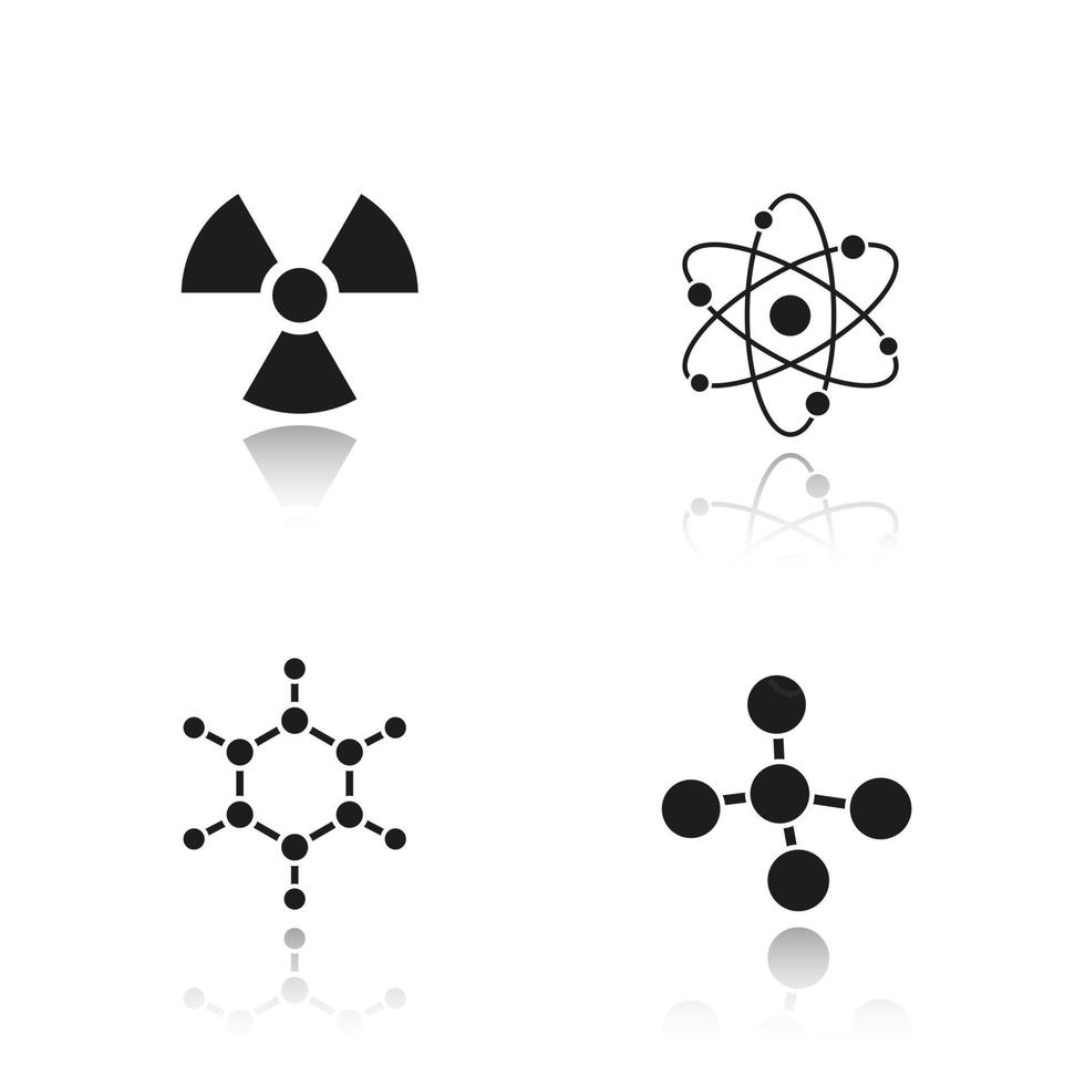 Chemistry and physics. Drop shadow black icons set. Atom, molecule and radioactive caution symbols. Radiation sign. Isolated vector illustrations