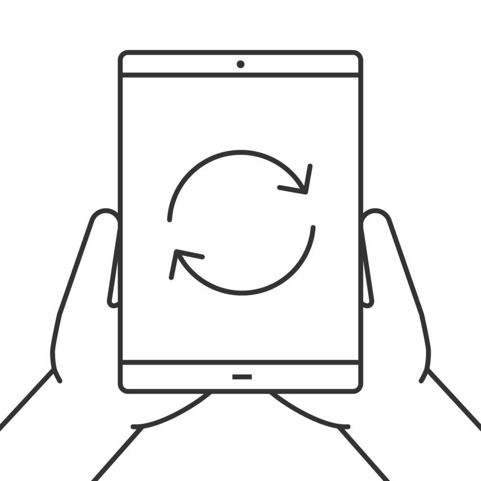 Hands holding tablet computer linear icon. Device synchronization. Thin line illustration. Tablet computer with cycling arrows. Contour symbol. Vector isolated outline drawing