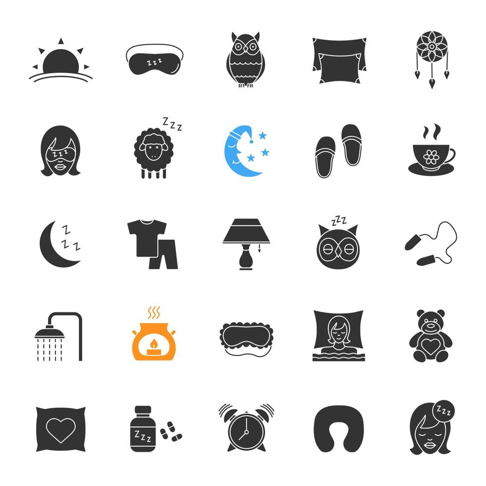 Sleeping accessories glyph icons set. Silhouette symbols. Pillows, sleeping slippers, pills, earplugs, dreamcatcher, alarm clock, pajamas. Vector isolated illustration