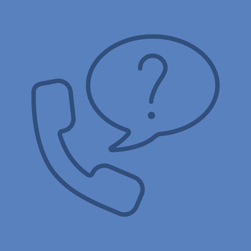 Ask question by phone linear icon. Handset with question mark inside speech bubble. Thin line outline symbols on color background. Vector illustration