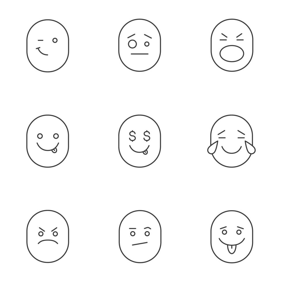 Smiles linear icons set. Thin line contour symbols. Good and bad mood. Winking, confused, shocked, yummy, greedy, laughing, angry, bored emoticons. Isolated vector outline illustrations