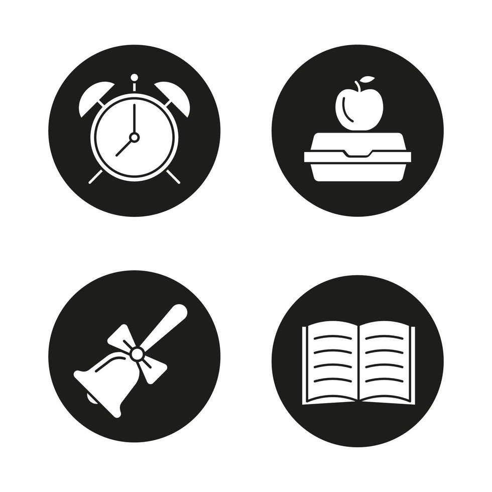 School and education glyph icons set. Alarm clock, school bell, lunch box, open book. Vector white silhouettes illustrations in black circles