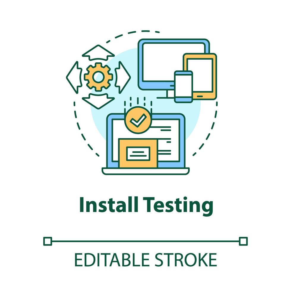 Install testing concept icon. Software programming stage idea thin line illustration. Application development. Implementation testing. IT project. Vector isolated outline drawing. Editable stroke