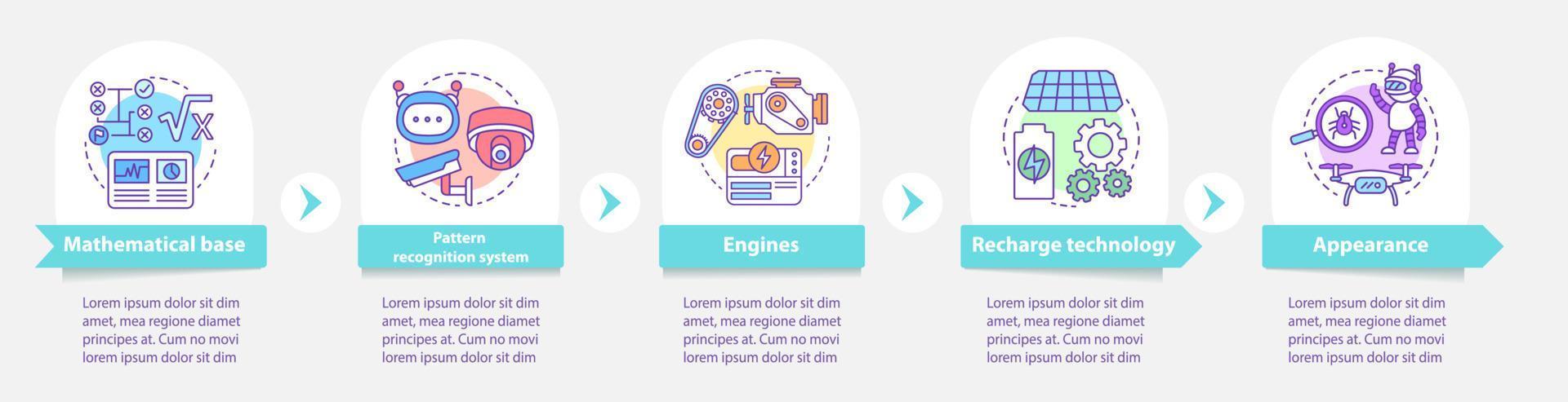 tecnología en robótica plantilla de infografía vectorial. elementos de diseño de presentación de negocios. visualización de datos con cinco pasos y opciones. gráfico de la línea de tiempo del proceso. diseño de flujo de trabajo con iconos lineales vector