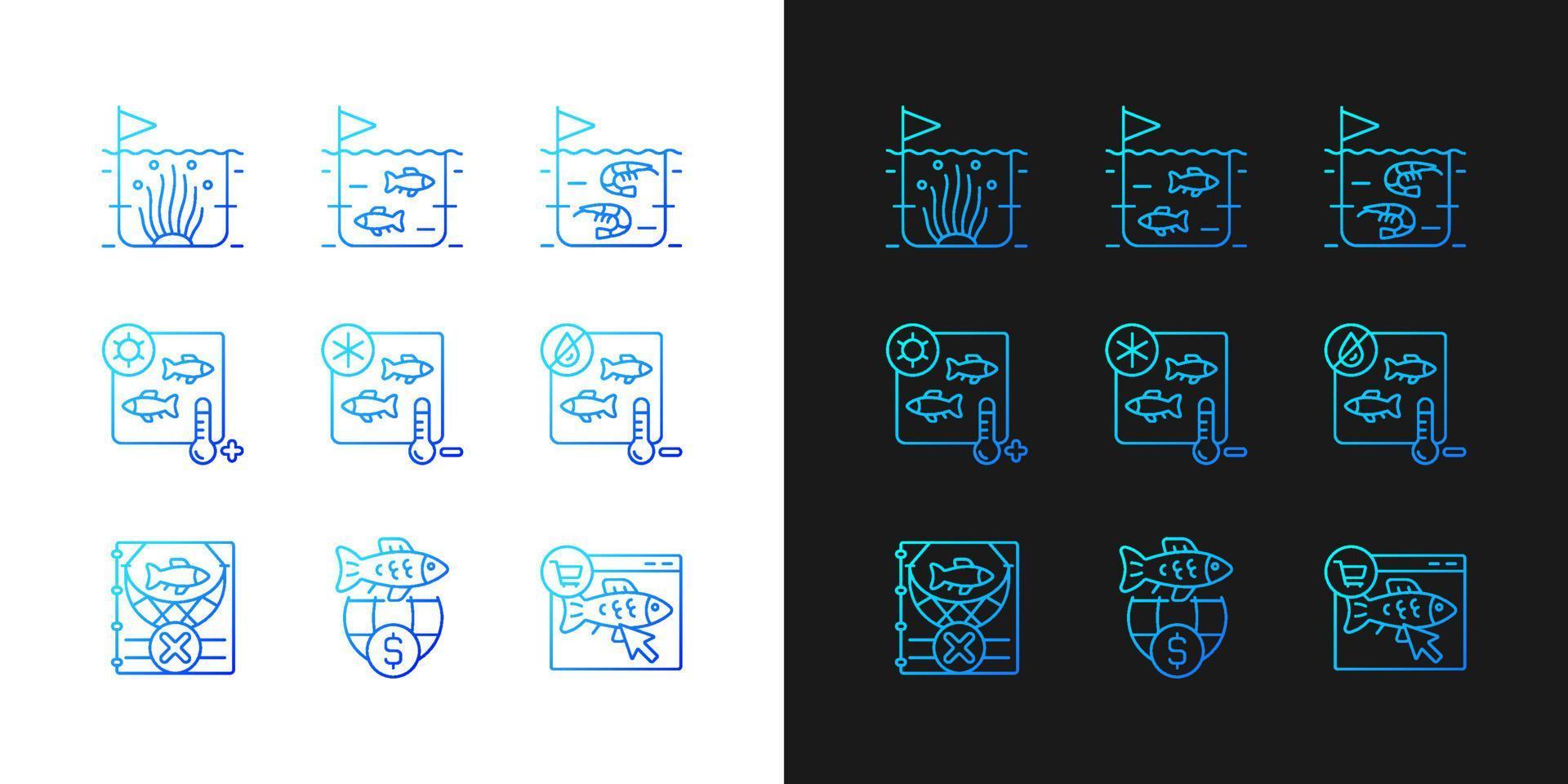 Fish product farming and storing gradient icons set for dark and light mode vector