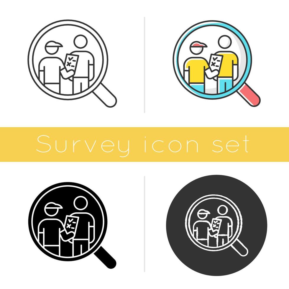 Personal interview survey icon. Face-to-face poll. Social research. Customer satisfaction. Feedback. Data collection. Glyph design, linear, chalk and color styles. Isolated vector illustrations