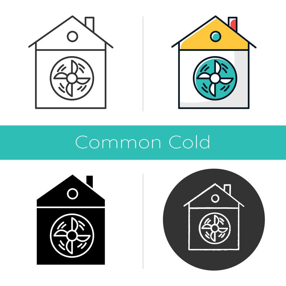 House ventilation icon. Conditioning home. Clean germs and microbes. Dust ventilation system. Ventilator. Home cooling vent. Flat design, linear and color styles. Isolated vector illustrations