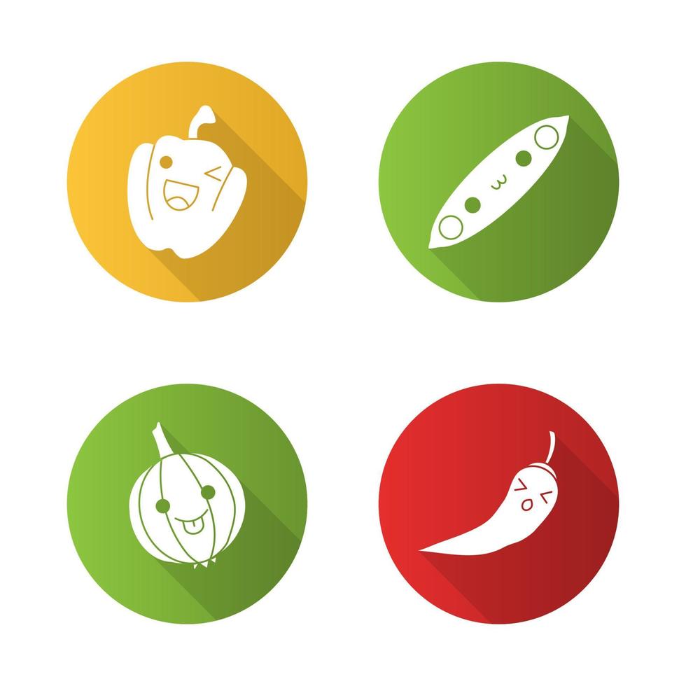 Vegetables cute kawaii flat design long shadow glyph characters set vector