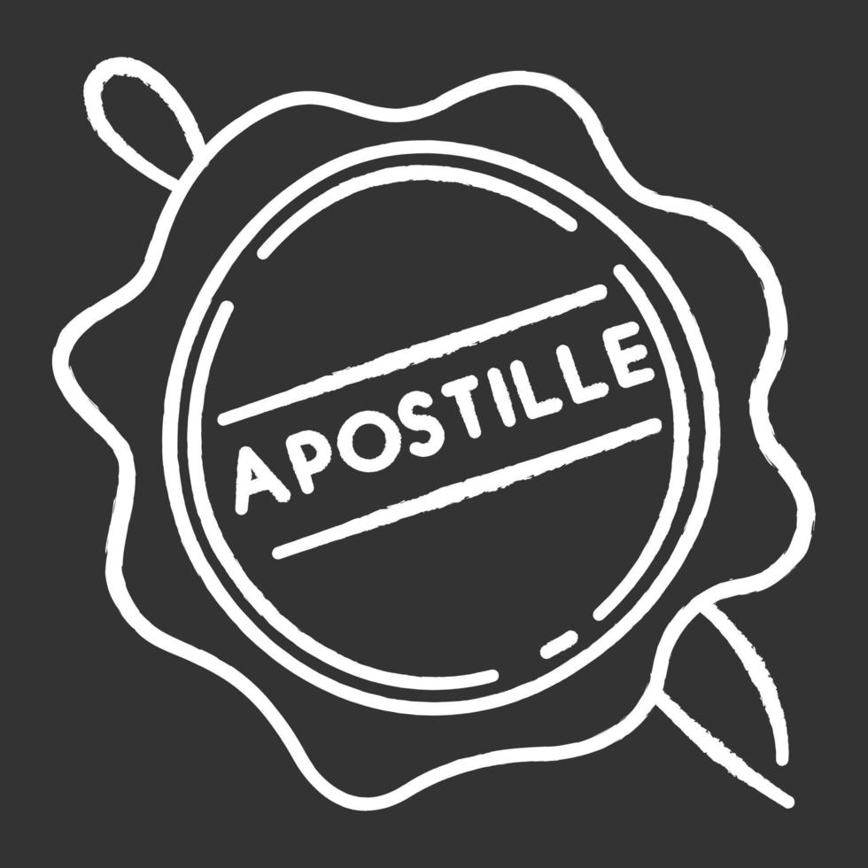 Apostille wax seal chalk white icon on black background. Notary services stamp mark. Legalization. Notarization. Notarized document. Validation. Isolated vector chalkboard illustration