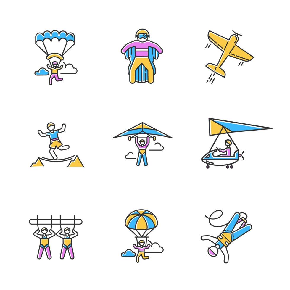 Air extreme sports color icons set. Skydiving, parachuting, hang gliding, wingsuiting. Aerobatics, highlining, paragliding. Giant swing, bungee jumping, sky microlighting. Isolated vector illustration